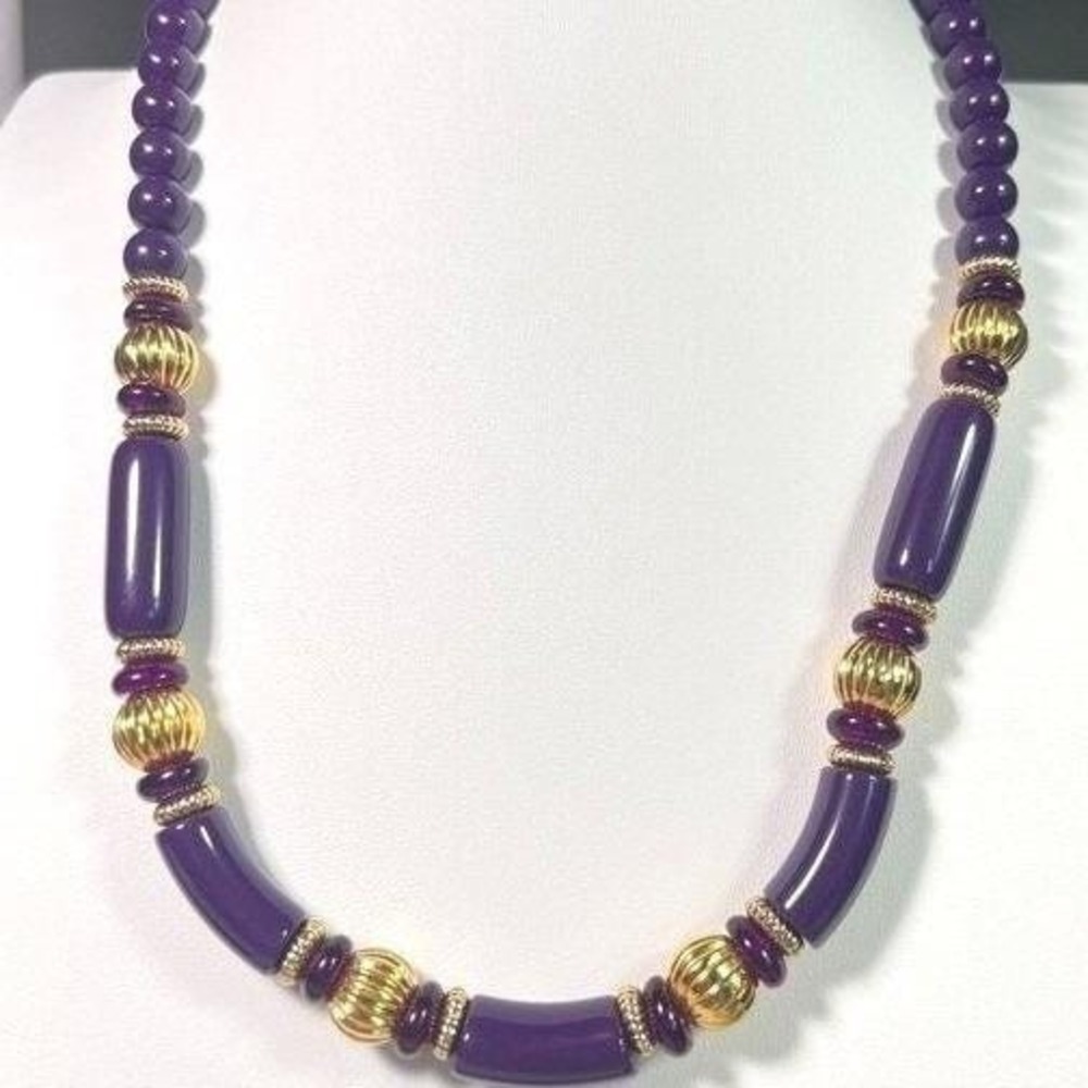 Vintage Trifari Beaded Necklace 23" Purple‎ & Gold Tone Contoured Tubes MCM